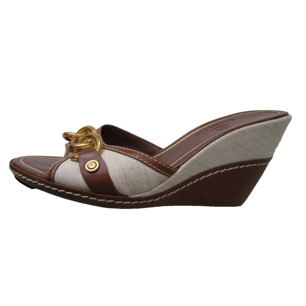 Cole Haan Brown and Gold Wedge Shoes with Chain Detail leather linen Womens 9